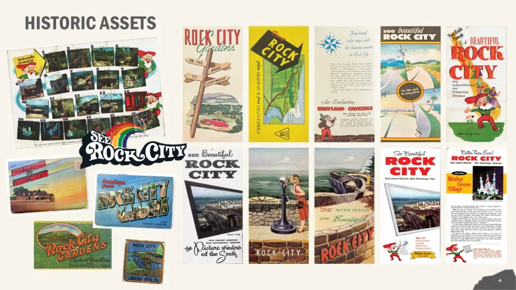 Collage of historic Rock City brochures, postcards, signs and gnome illustrations