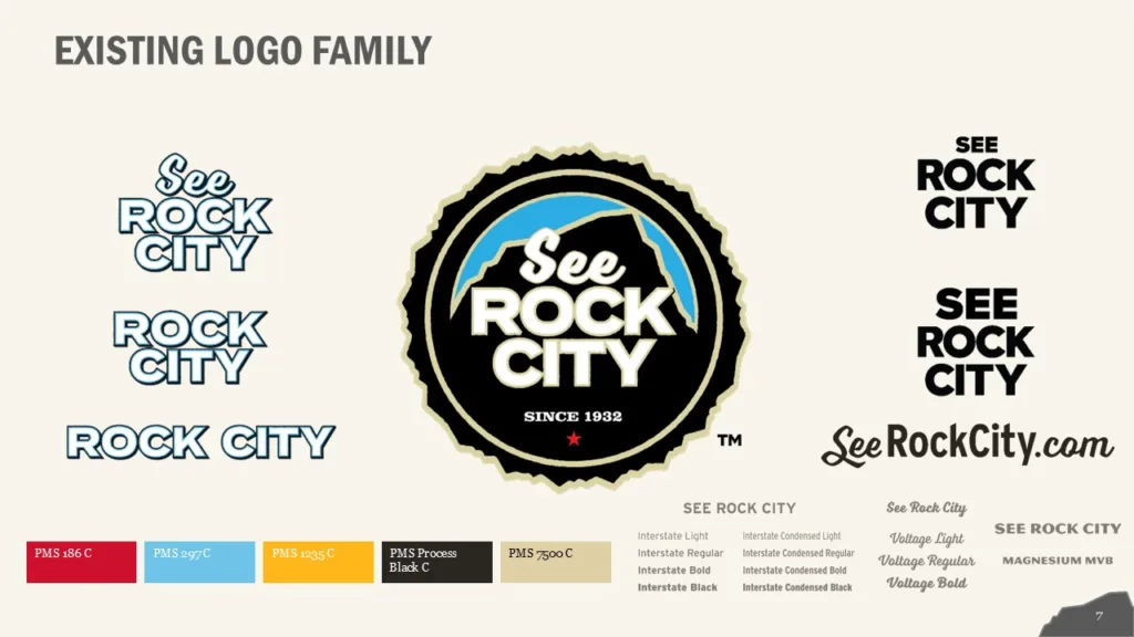 Rock City's existing logo family, with See Rock City badge and wordmark variations, colors and typefaces