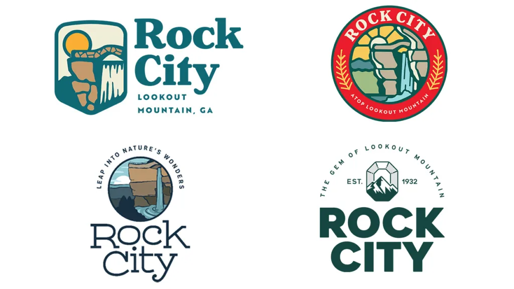 Four logo concepts for Rock City on Lookout Mountain featuring the rock formations, waterfall and badge styles