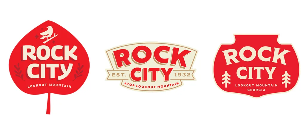 Rock City logo concepts in barn-style lettering: red leaf, cream Est. 1932 banner and red badge with pine trees