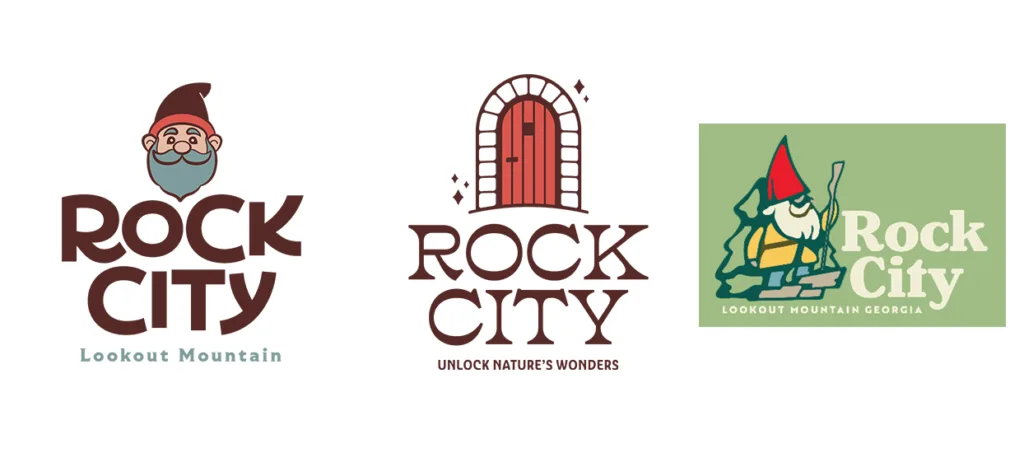Rock City enchantment logo concepts featuring a bearded gnome, an arched fairy door and a gnome with a staff