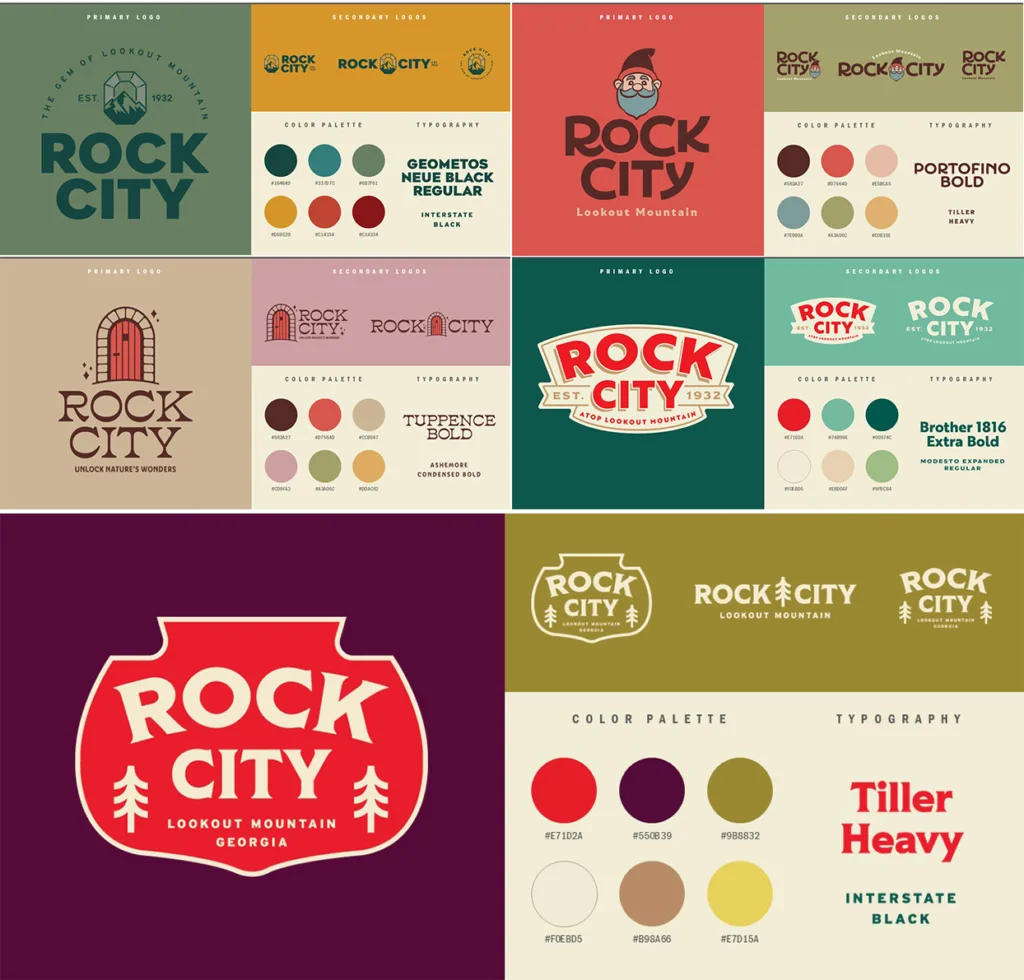 Grid of Rock City logo explorations, each paired with a color palette and typeface pairing