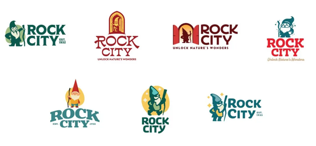 Round two Rock City logo concepts pairing the wordmark with different gnome and arched door illustrations