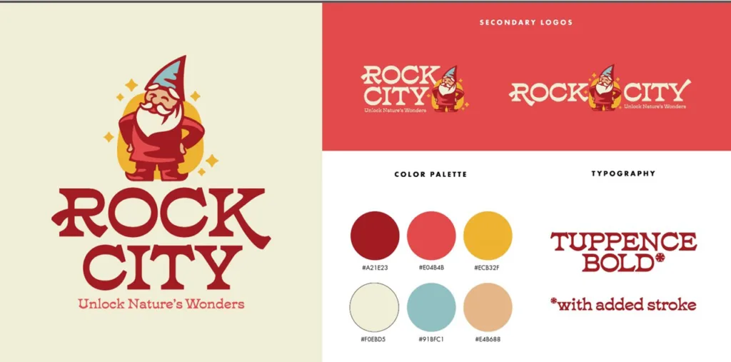Rock City color study with a gnome standing proud above the wordmark, secondary logos, red and gold palette and Tuppence Bold type