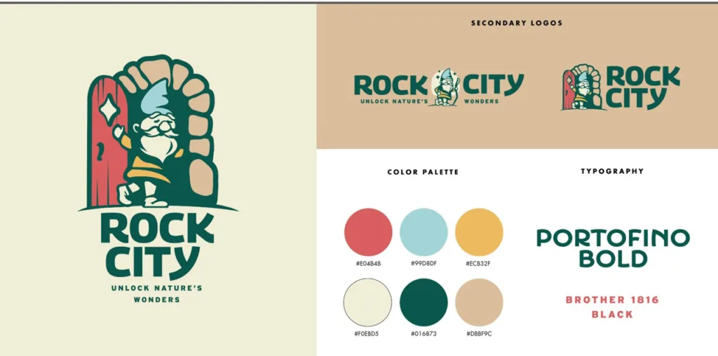 Rock City color study with a gnome in a stone doorway holding a walking stick, green and tan palette and Portofino Bold type
