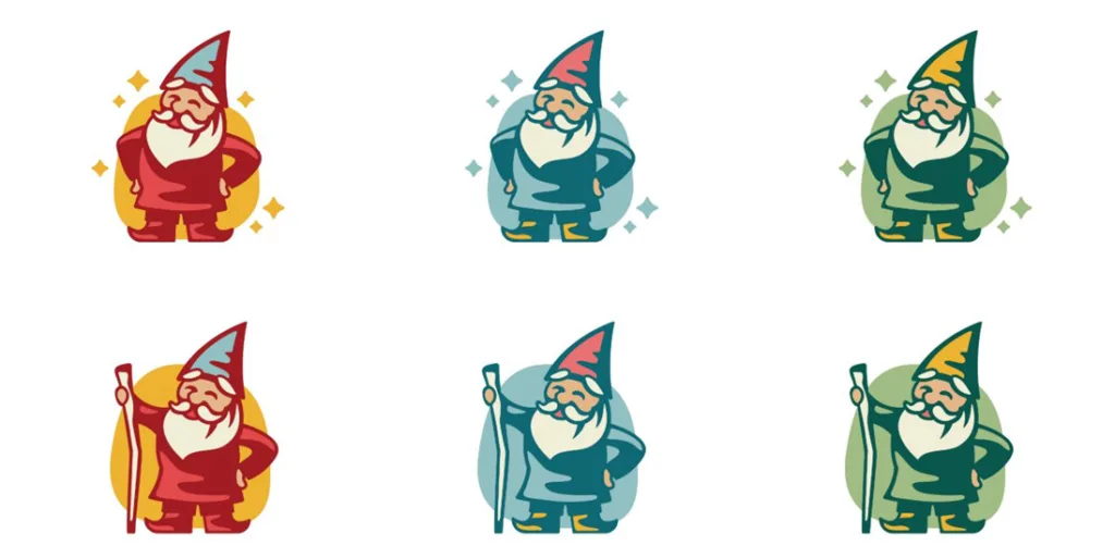 Rock City gnome studies in red, teal and green, shown standing with hands on hips and holding a walking stick