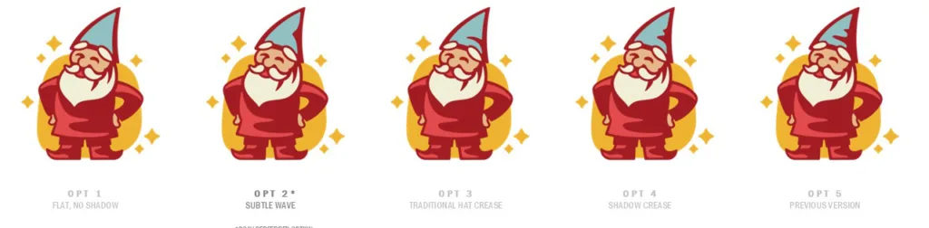 Five hat variations of the Rock City gnome logo in red and gold, side by side