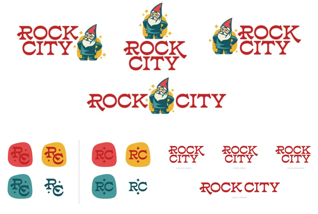 Refined Rock City logo lockups with the gnome, plus RC monogram badges in red, gold and teal