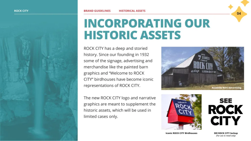 Rock City brand guide page on historic assets, showing a painted See Rock City barn and a birdhouse