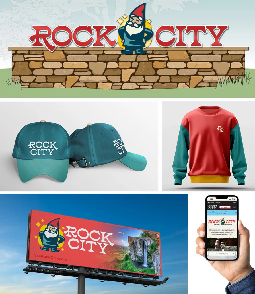 Rock City brand applied to a stone entrance sign, caps, sweatshirt, billboard and mobile website