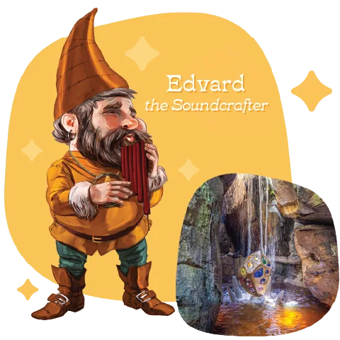 Edvard the Soundcrafter, a Rock City gnome playing a pan flute, beside a photo of a waterfall grotto