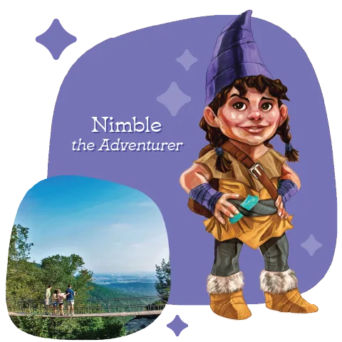 Nimble the Adventurer, a Rock City gnome in a purple hat, beside a photo of guests on a swinging bridge