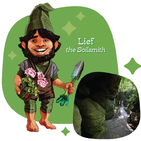 Lief the Soilsmith, a Rock City gnome holding flowers and a trowel, beside a photo of a mossy garden path