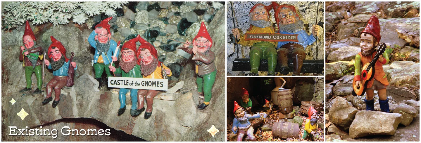 Collage of Rock City's existing gnome figures, including the Castle of the Gnomes display