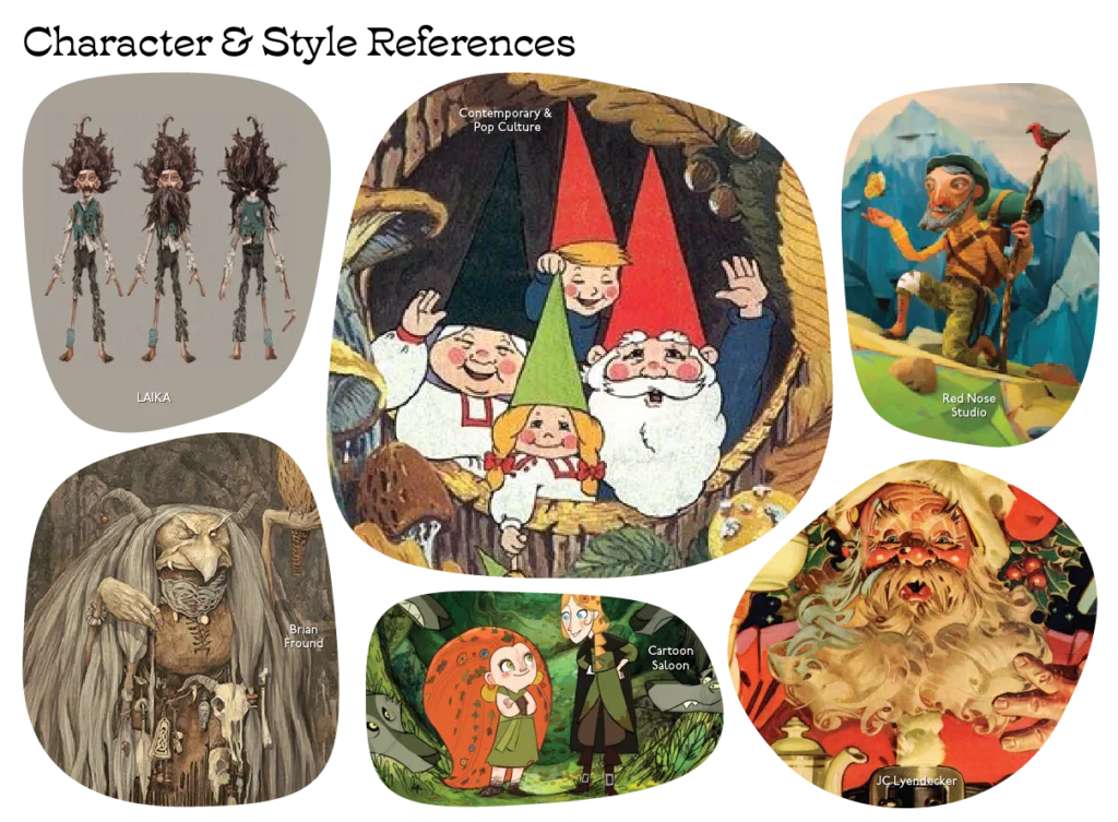 Character and style reference board of gnome and folklore illustrations from film, animation and classic art