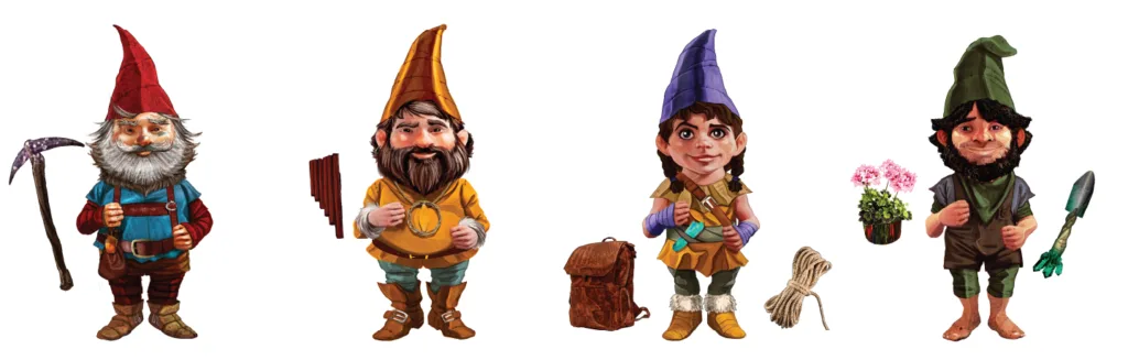 Rock City's four new gnome characters with their tools: a pickaxe, pan flute, rope and backpack, and garden trowel