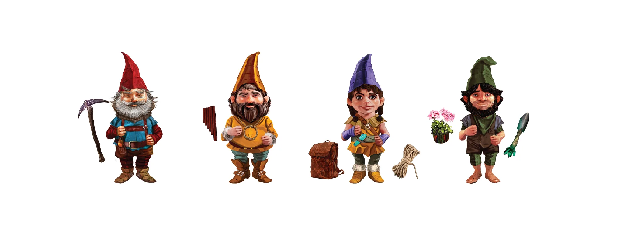 Lineup of four illustrated Rock City gnome characters: miner, musician, adventurer and gardener