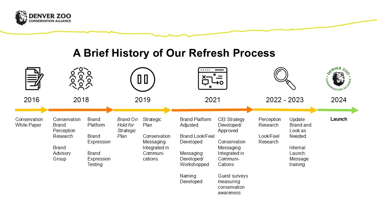 Denver Zoo Conservation Alliance timeline of its brand refresh process, from a 2016 white paper to the 2024 launch