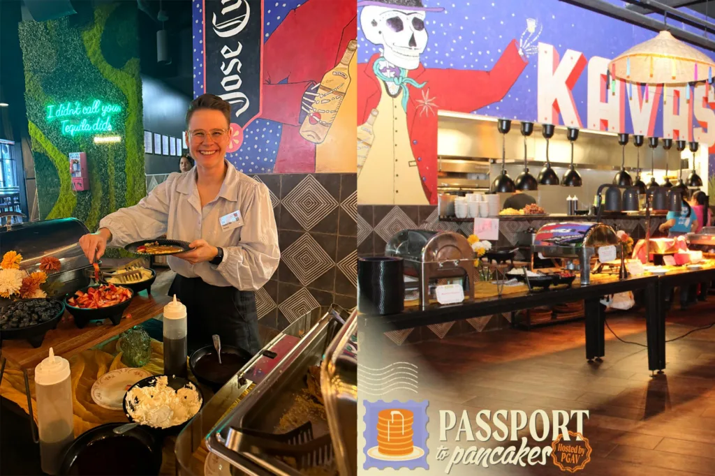 Chef serving at a buffet station and the colorful restaurant dining room at the Passport to Pancakes breakfast