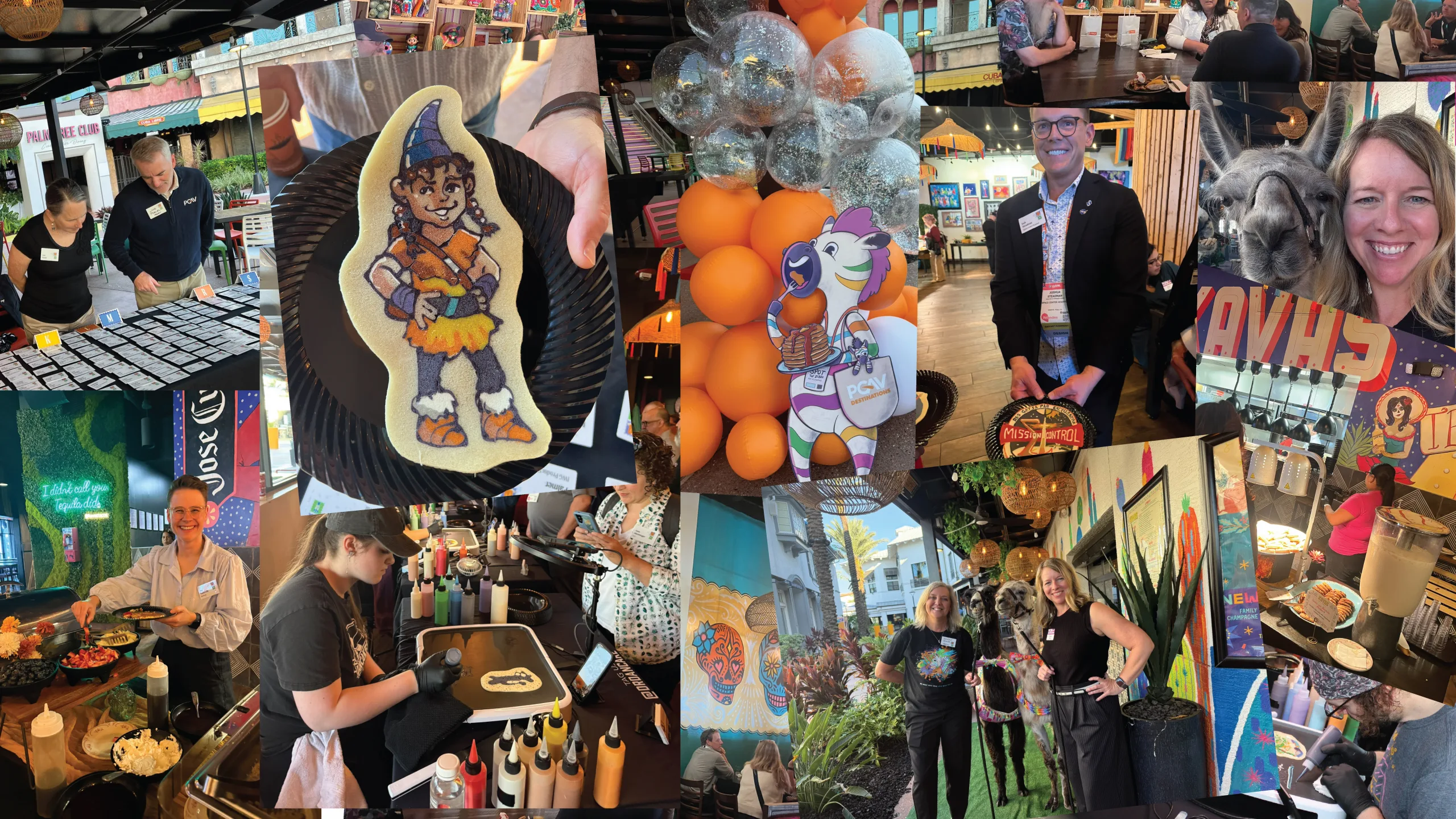 Collage of scenes from the PGAV Passport to Pancakes breakfast: pancake art, balloons, a llama and smiling guests