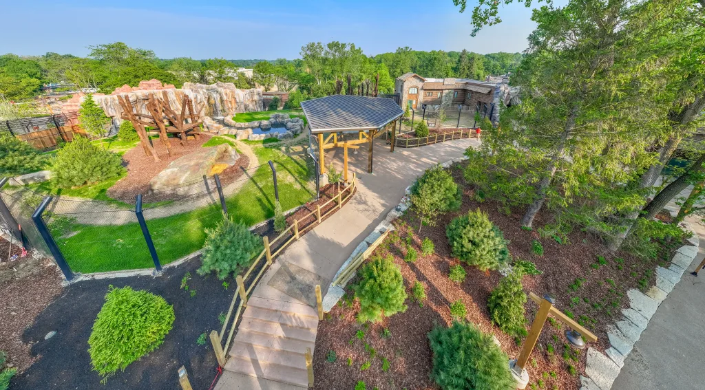 Aerial view of North America Trek at the Columbus Zoo, with a boardwalk, rockwork and a habitat viewing shelter
