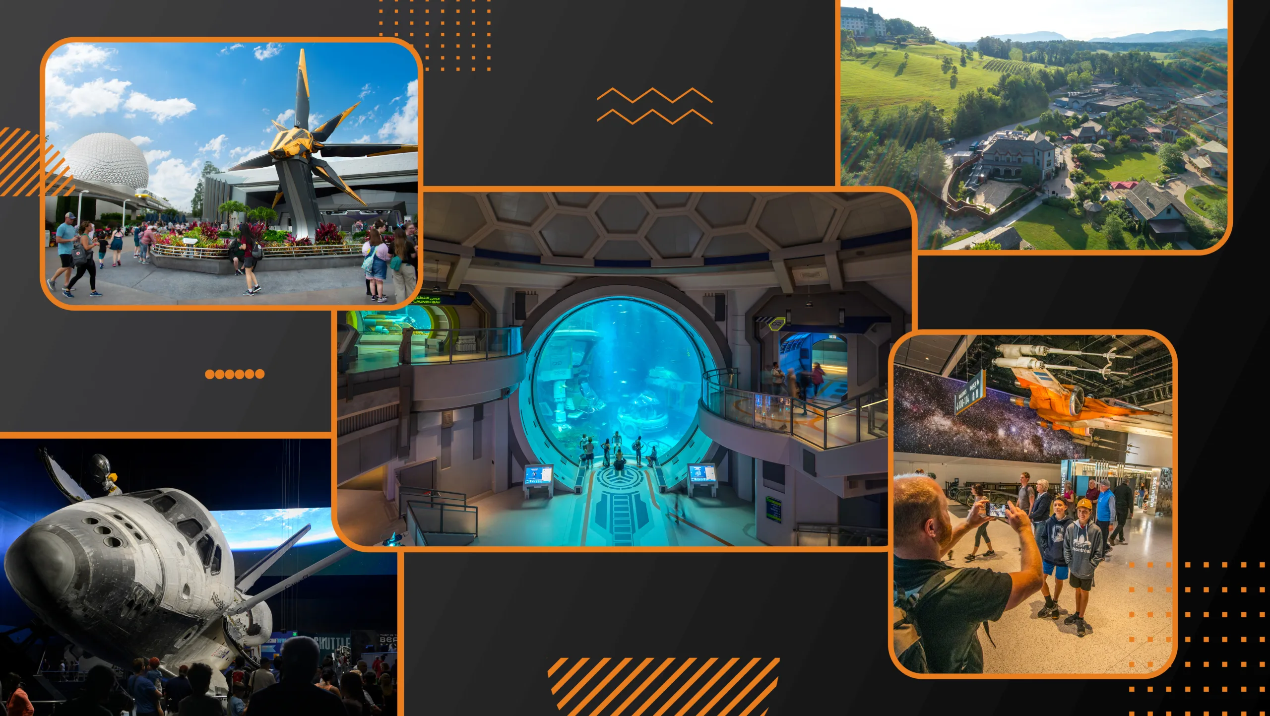 PGAV 60th anniversary collage of project photos: Epcot, a large aquarium tank, a space shuttle and a mountain resort