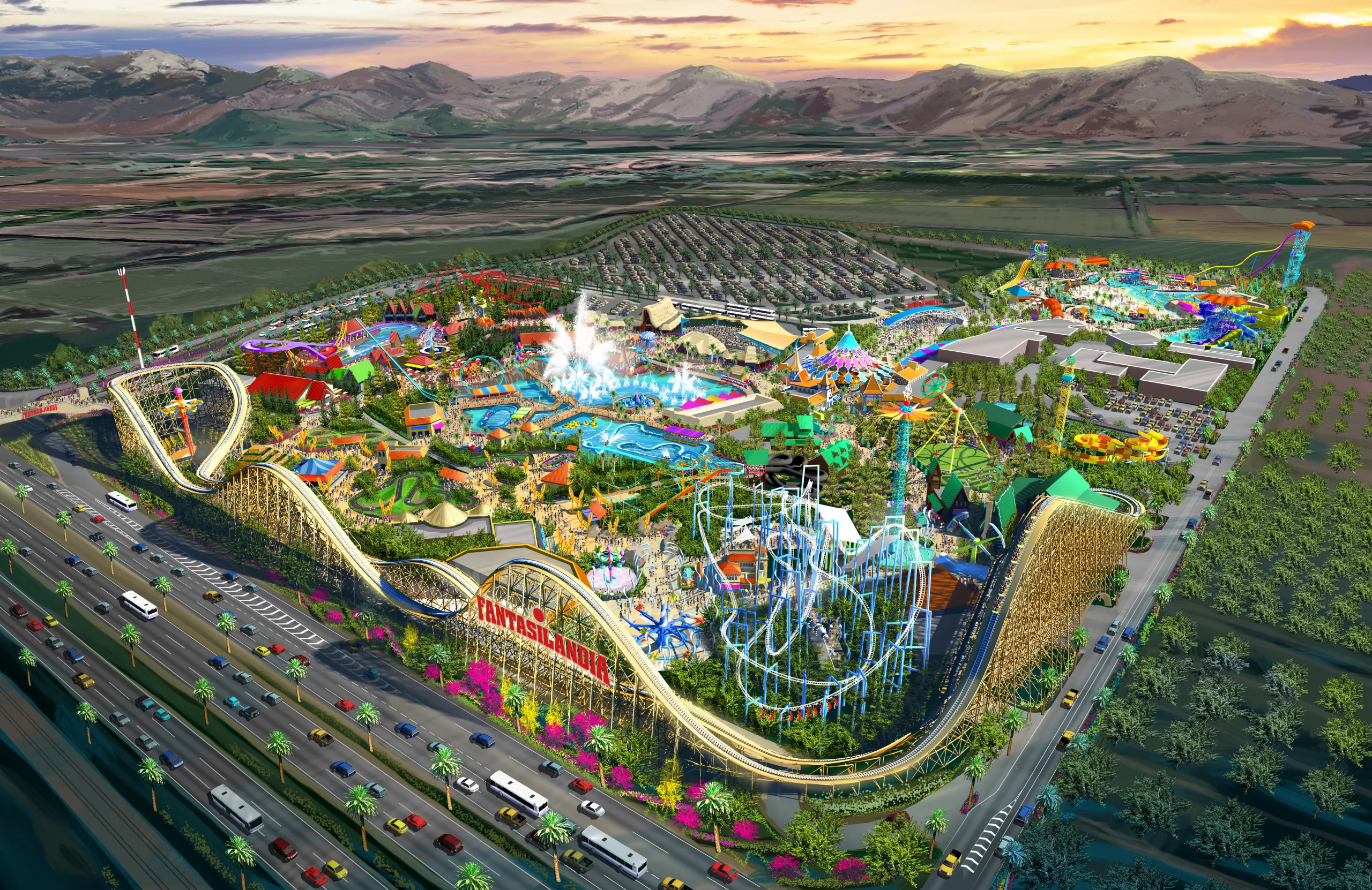 Aerial rendering of the Fantasilandia master plan in San Bernardo, Chile, with coasters and mountains beyond