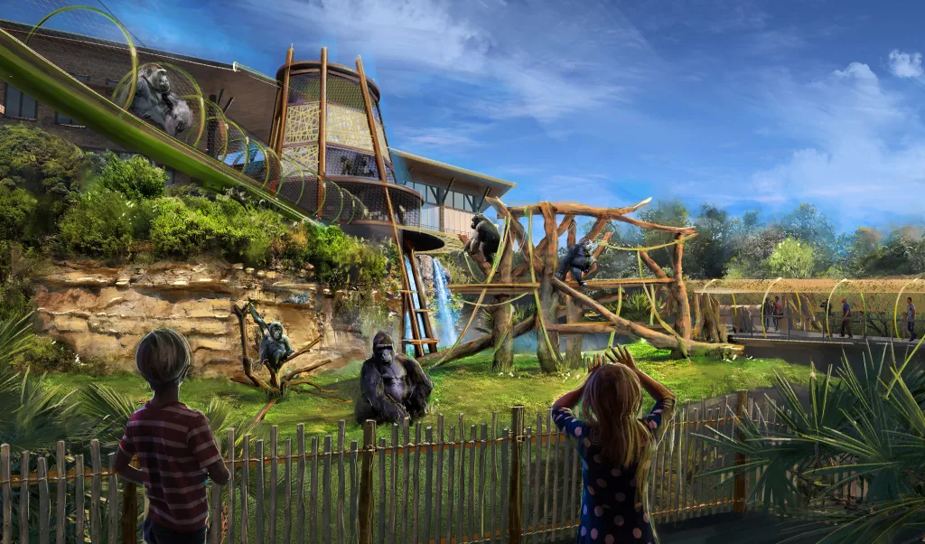 Rendering of Congo Falls at San Antonio Zoo, with children watching gorillas beneath elevated trails and a climbing tower