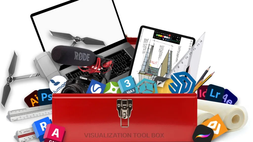Visualization toolbox illustration: a red toolbox overflowing with a laptop, drone, camera, drafting tools and software icons