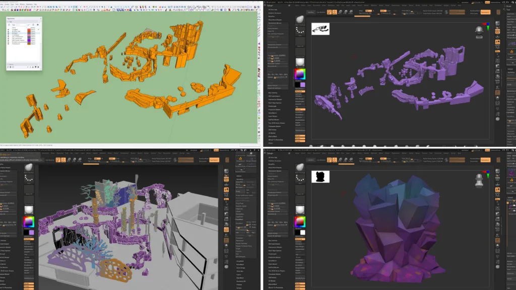 Screenshots of themed rockwork and coral forms modeled across SketchUp and ZBrush