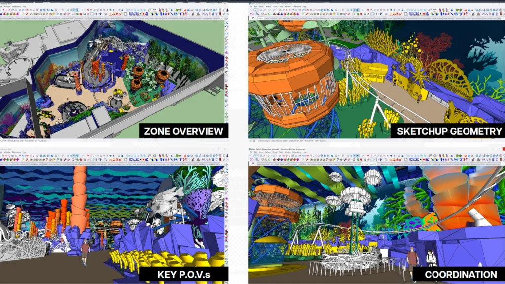 MicroOcean zone comprehensive model views: zone overview, SketchUp geometry, key points of view and coordination