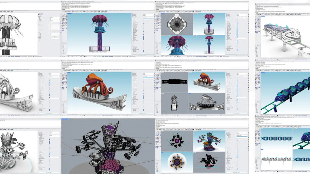 Screenshots of 3D models of themed ride vehicles and jellyfish and octopus sculptures