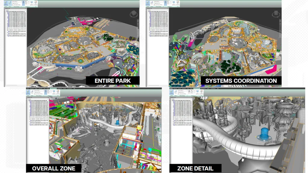 SeaWorld Abu Dhabi park-wide Revit model in Navisworks, shown at park, systems, zone and detail levels
