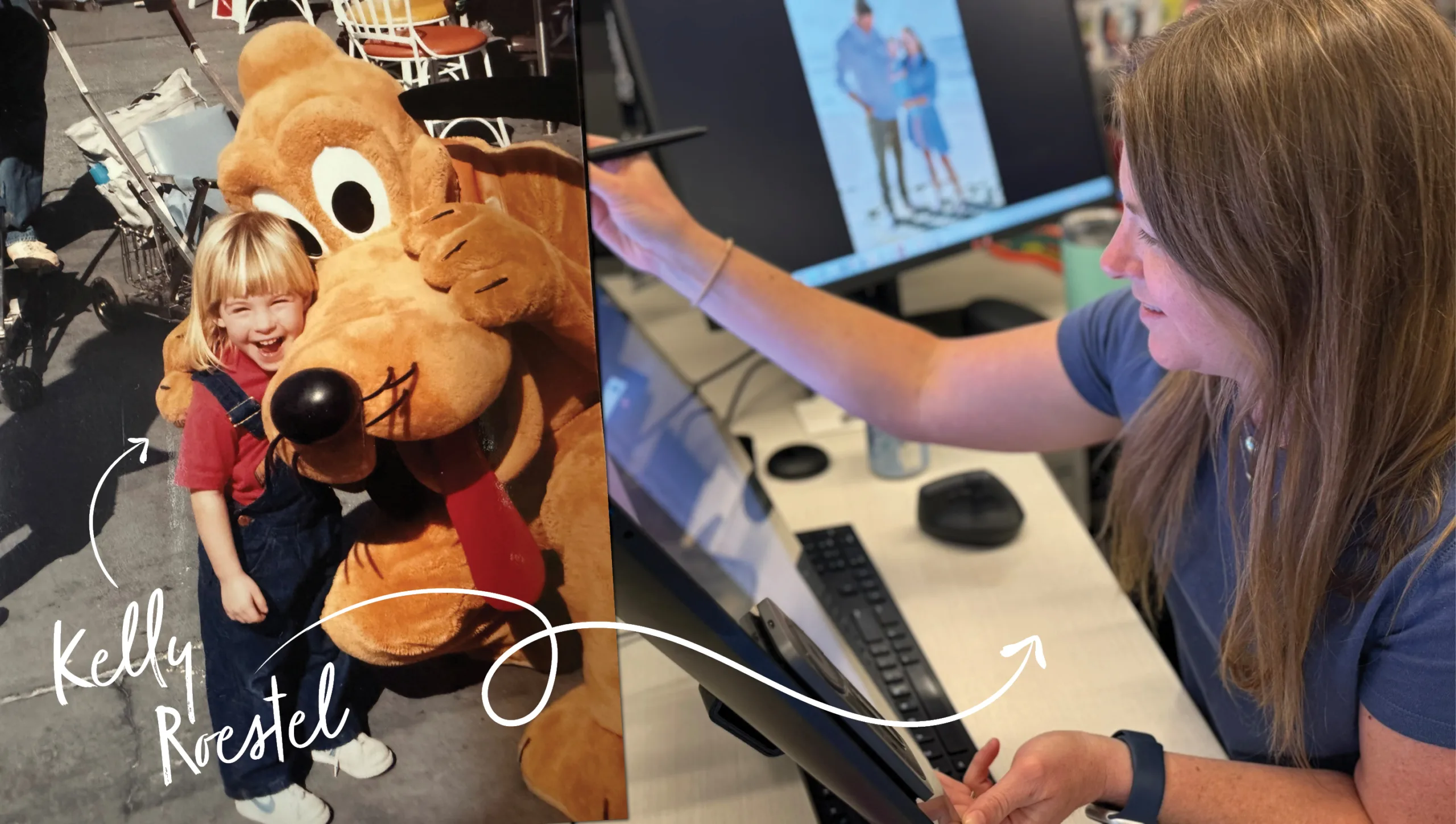 Childhood photo of Kelly Roestel hugging a costumed dog character, beside Roestel today designing at a drawing tablet