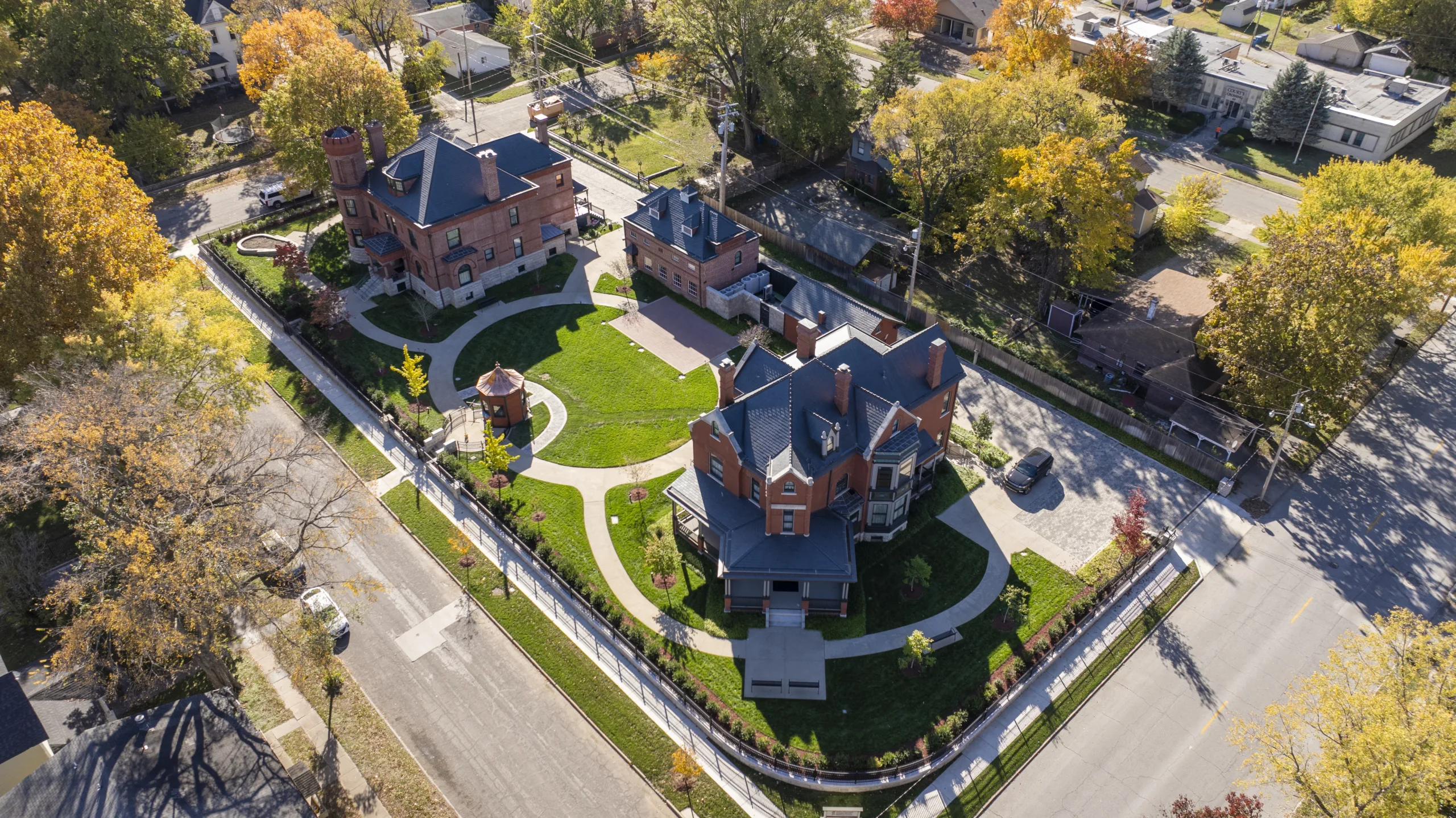 Aerial view of the Schifferdecker and Zelleken homes and landscaped grounds in Joplin in autumn