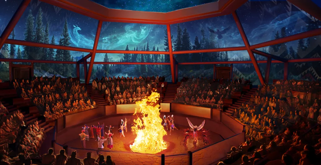 Rendering of the Immersive Theater with dancers around a bonfire under a projected night sky dome