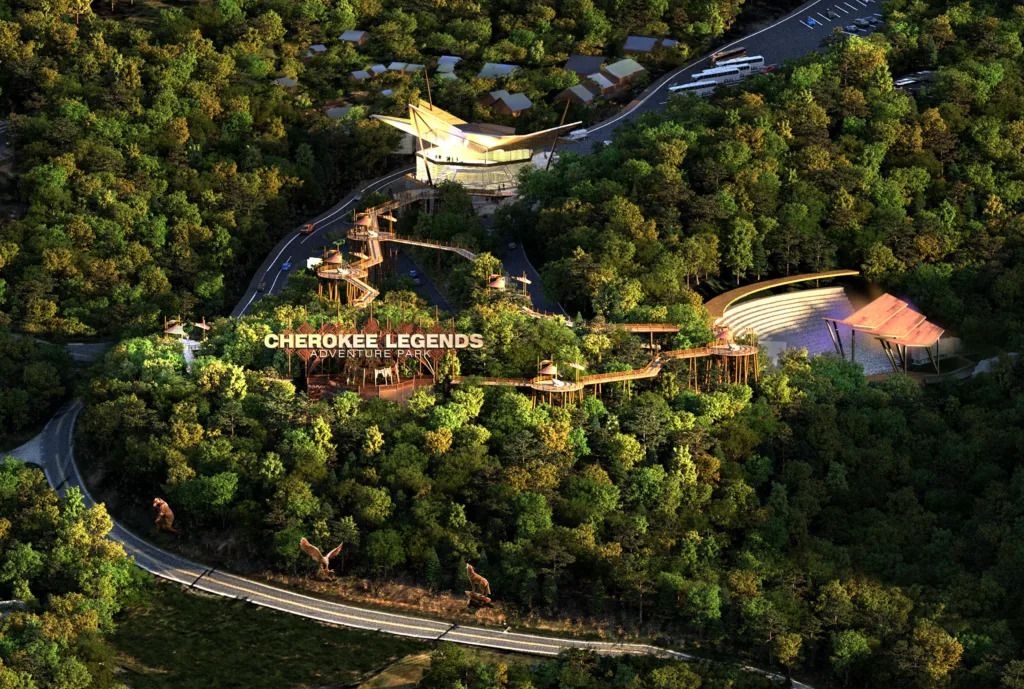 Aerial rendering of the Canopy Trails winding through forest at the Cherokee Legends Adventure Park